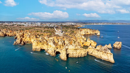 Aerial from the lighthouse and natural rocks at Ponte Piedade near Lagos in the Algarve Portugal