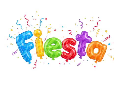Colorful Fiesta Balloons with Confetti and Streamers Forming the Word Fiesta on a Transparent Background - Powered by Adobe