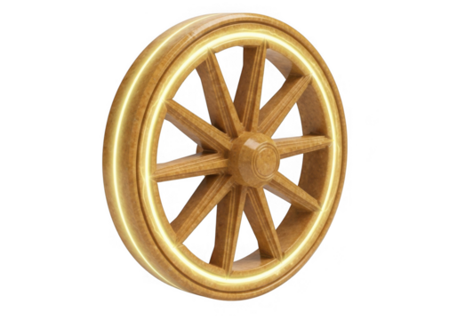 Ancient wooden wheel with golden glowing rim isolated on transparent background for vehicle and mythology concepts