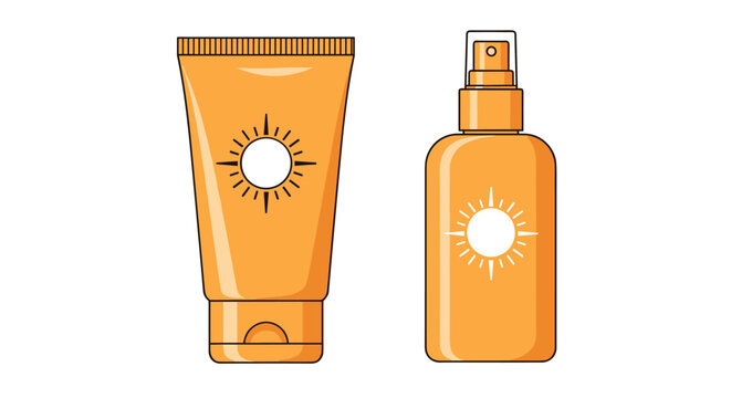 Simple flat design illustration of a sunscreen cream tube and a sunblock spray bottle, both with a sun icon, on a white background.