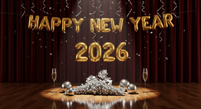 Festive arrangement with gold balloon letters "Happy New Year 2026", a silver grape, two glasses of champagne and metal spheres on wood floor, celebration - Powered by Adobe