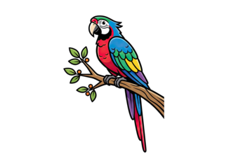 Colorful Macaw Parrot Perched on a Branch Against a Black Background Vivid Plumage Detailed Feather Texture Natural Wildlife Avian Creature Illustration