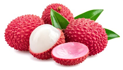 Close-up of several vibrant pink lychee fruits with green leaves on a white background