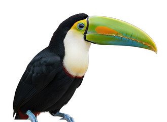 Naklejka premium Colorful Toucan Bird With A Large Green Beak Perched On A Branch Isolated On A Black Background