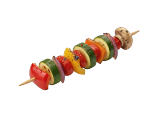 Colorful Vegetable Skewer With Zucchini Red Bell Pepper Red Onion Yellow Bell Pepper and Mushrooms on a Wooden Skewer Isolated on Transparent Background