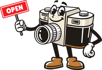 Camera mascot cartoon holding an open sign
