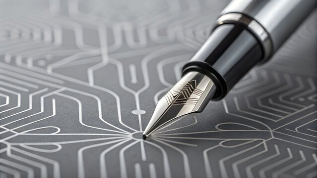 Elegant fountain pen resting on modern abstract design, conveying sophistication & insight