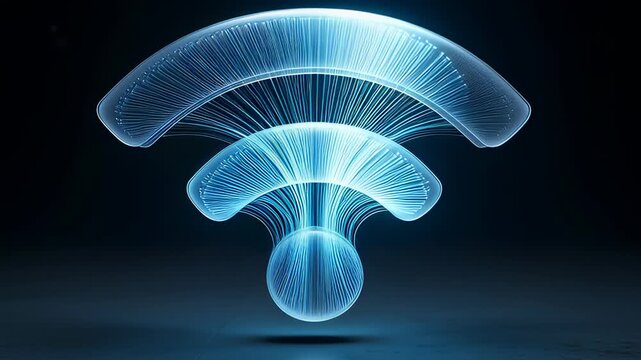 Glowing blue WiFi symbol formed by fiber optic lines on a dark reflective background in a cinematic 3D animation, representing high-speed internet connectivity.