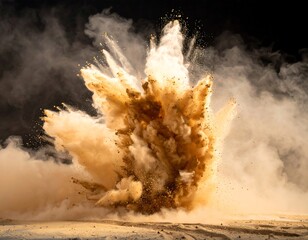 Dust explosion against a dark background. Explosion of powdery material with a cloud of smaller particles