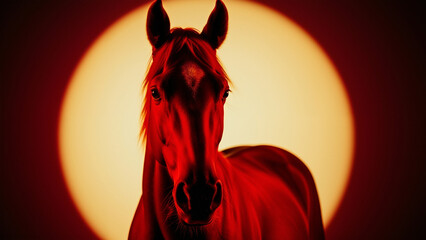 Horse is a symbol of new year red horse portrait against glowing sun disk, mystical steed staring forward, symbolizing power, energy and renewal