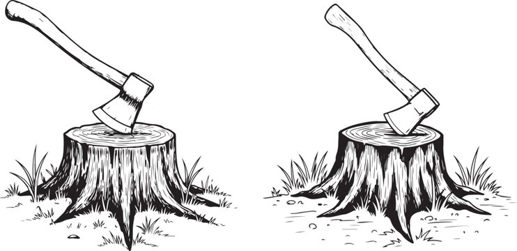Black and White Woodcut Style Axe Chopping Tree Stump Illustration, Hand-Drawn Axe in Tree Stump &ndash; Vintage Woodcut Style Illustration