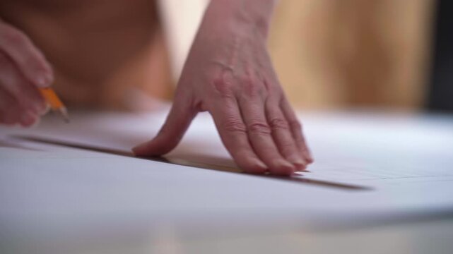 Hands draw clean pattern lines with a pencil on a white drafting surface, creating accurate shapes for textile work with steady movements and focused attention