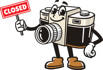 Camera mascot cartoon holding a closed sign