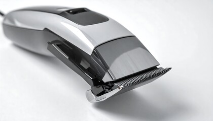 Close-up of silver and black electric hair clippers on a white surface, showcasing the blades and ergonomic design