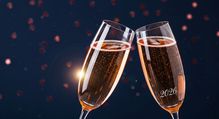 Two champagne flute with beverage and 2026 engraving, on dark backdrop with blurred lights, representing upcoming year celebration and festive mood