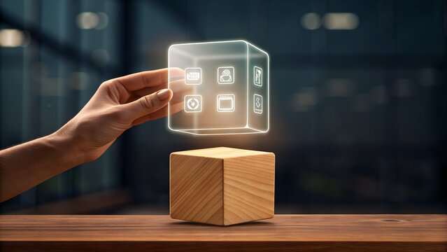 Explore innovative digital interface with glowing cube and icons for business growth