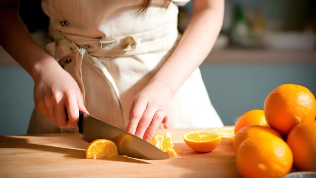 A person wearing a light linen apron is slicing vibrant fresh oranges on a wooden cutting board with a sharp knife. The bright kitchen setting suggests homemade baking or preparing fresh juice.