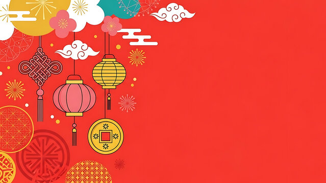 Traditional chinese new year decorations with red background and copy space