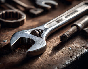Metal wrenches and various technical tools are arranged on a workbench, prepared for professional use by a skilled mechanic in an industrial setting.