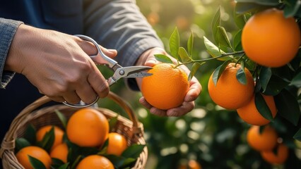 A person harvests ripe oranges from a tree, placing them in a basket.