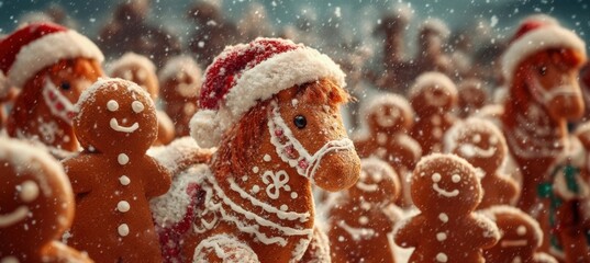 Gingerbread Christmas Parade A Festive Procession of Gingerbread Men and a Horse Wearing Santa Hats