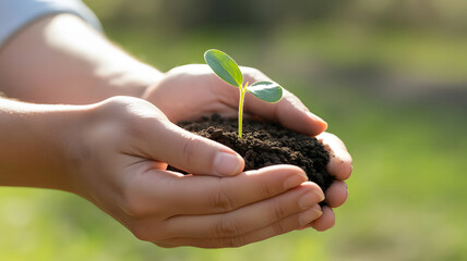 Hands Gently Cupping Soil With Sprout of Young Green Plant Showing Care and Conservation for New Growth and Environmental Sustainability on Sunny Day
