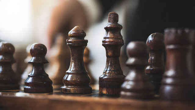 Close-up of dark vintage wooden chess pieces, highlighting the king and queen, symbolizing strategic planning, power, mental focus, and intellectual challenge in a classic game setting.