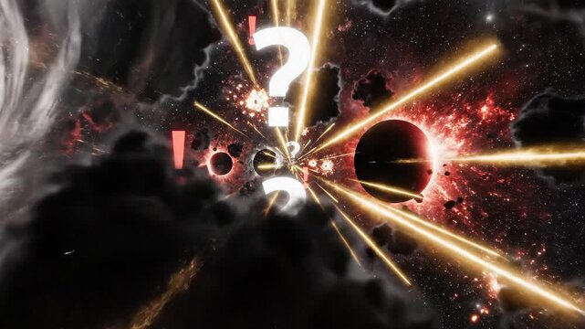 Cosmic collision and energy burst with question marks and exclamation point