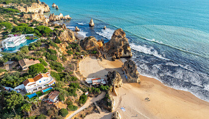 Aerial topshot from praia Tres Irmaos near Alvor in the Algarve Portugal