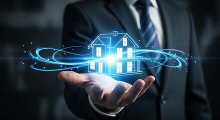 Futuristic real estate concept businessman holding digital house in his hand