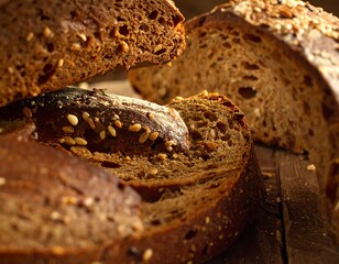 Close-up of sliced brown bread on a wooden surface, showcasing textures and grains in warm, natural light
