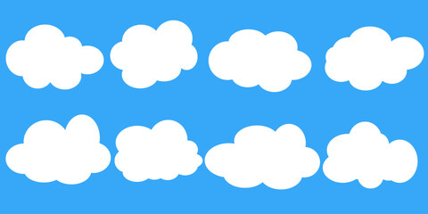 set of vector illustrations of clumpy clouds, cloud bubbles in flat style on a blue background	