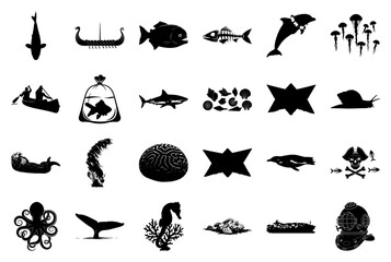 Naklejka premium Collection of Marine Life and Nautical Silhouettes Keywords: fish, carp, viking ship, viking