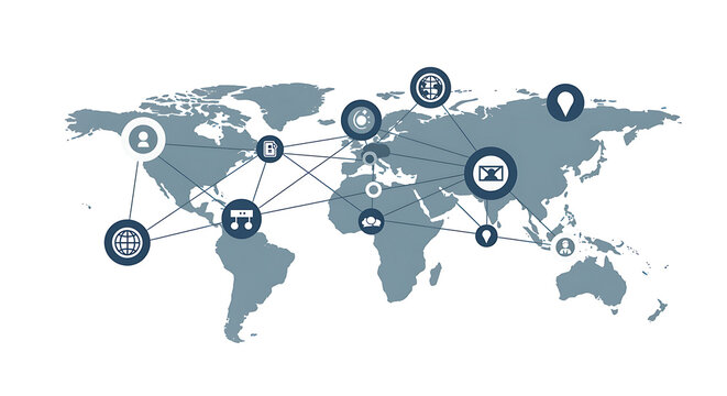 Global network connection concept with various digital icons overlaid on a stylized world map, symbolizing worldwide communication, data exchange, and social media linkage - Powered by Adobe