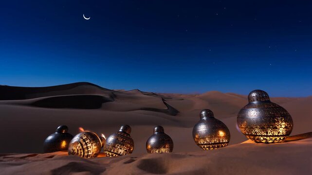 Scenic view of a desert at night showcasing a series of ornately designed lanterns glowing warmly against the vast, dark sand dunes. a crescent moon and a star-studded sky provide a serene, magical ba