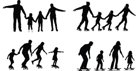 Family silhouettes walking and roller skating together happy