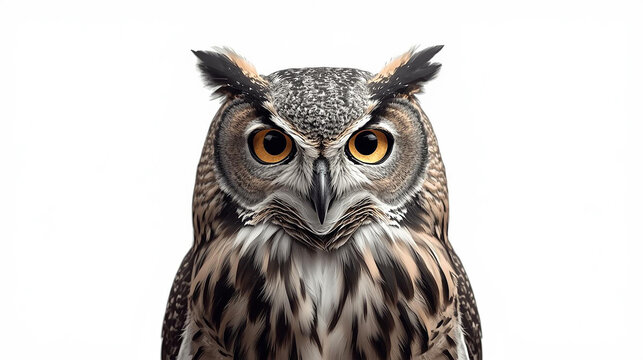 Majestic owl close-up with intense yellow eyes on white background. Detailed feathers and captivating stare of this wise nocturnal bird of prey. Wildlife nature predator. - Powered by Adobe