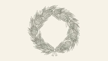 Detailed line drawing of a vintage Christmas wreath with pine needles and pine cones, tied with a bow.