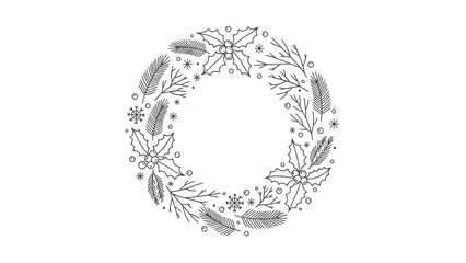 A black and white line art illustration of a festive winter wreath with holly, berries, and pine branches.