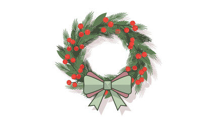 Illustration of a Christmas wreath with green leaves, red berries, and a light green bow.
