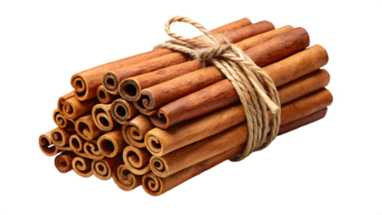 Bundle of Cinnamon Sticks Tied with Twine Isolated on Black Background spice ingredient