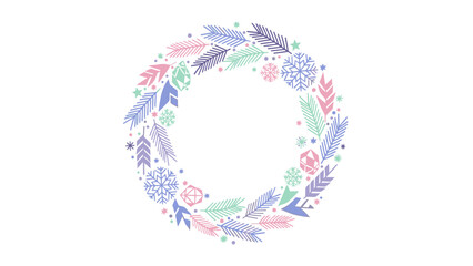 A circular wreath composed of stylized winter elements like snowflakes, leaves, and arrows in pastel colors.