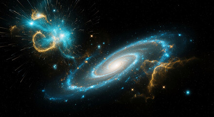 Image of a spiral galaxy with blue and gold celestial light in a starry expanse, representing vastness and cosmic beauty, perfect for science themes