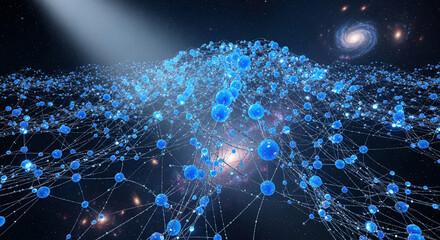 Complex network of blue sphere connected by thin line against a starfield backdrop, symbolizing connection, technology, or scientific discovery