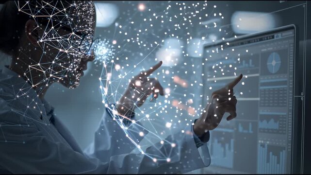 Digital World interaction: A person interact the complex technology and digital network world. A scientist or professional immersed in a futuristic environment.