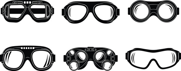 Black Silhouette Vector Set of Protective Goggles Eyewear Including Vintage Pilot Steampunk Safety and Modern Ski Masks for Eye Protection