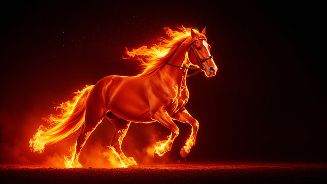 Red fire horse powerful fiery horse gallops in darkness, glowing mane and flaming hooves light up red smoke and ground, dynamic symbol of strength, passion and unstoppable energy