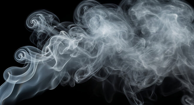 Wispy white smoke swirling and curling against a dark black background creating an abstract pattern ai generated