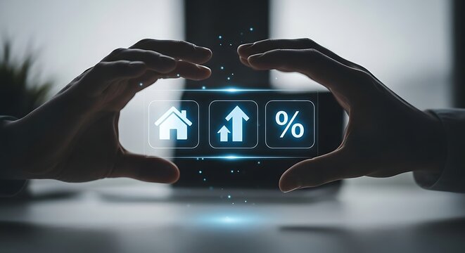 Hands framing real estate investment interest rates and property value growth
