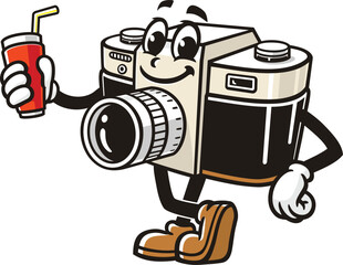 Camera mascot cartoon holding a soft drink